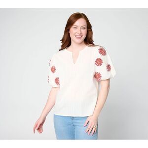 Studio Park Women's Top Sz M Embroidered Puff Sleeve Blouse Multi-colored